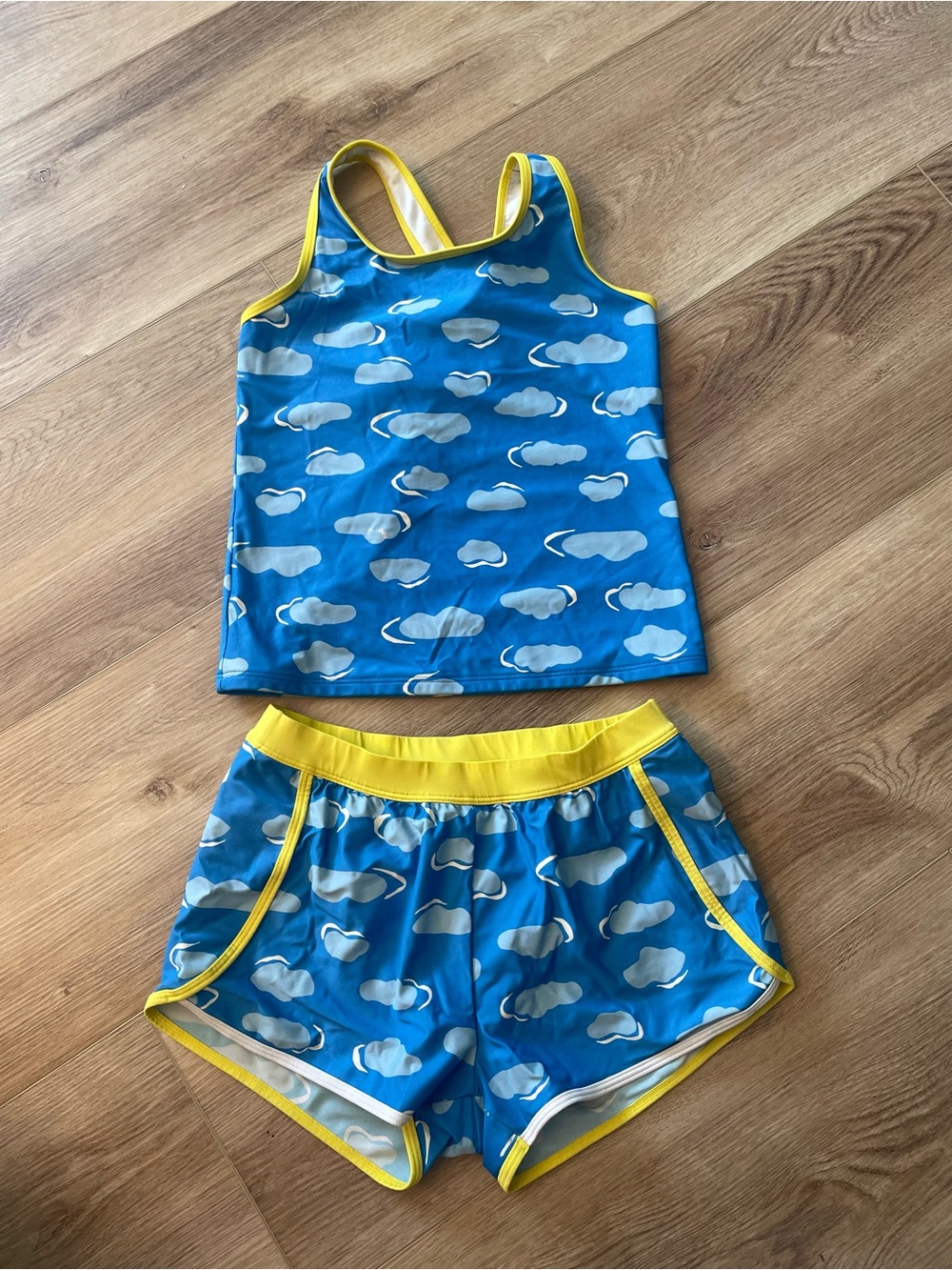 Kids Blue Cloud Tankini Set with Yellow Trim